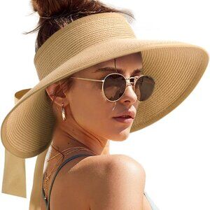 Sun Visors for Women Wide Brim Beach Hat Foldable Straw Visor Hat Ponytail Summe